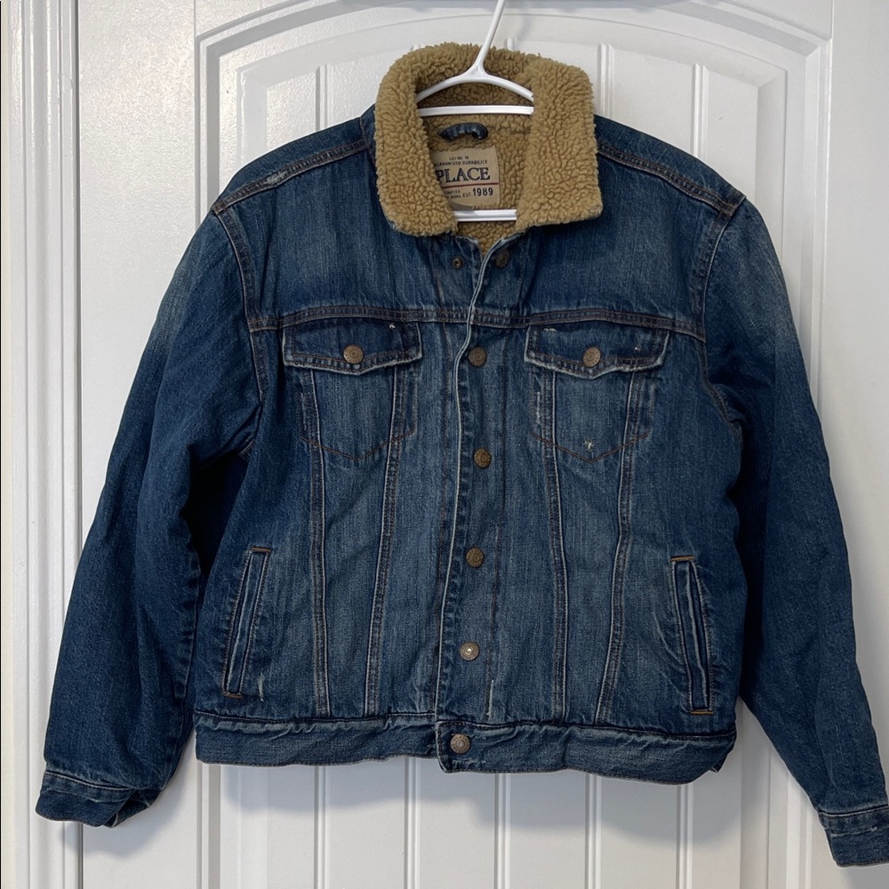 Place Blue Distressed Denim Jacket with Tan Sherpa Collar
